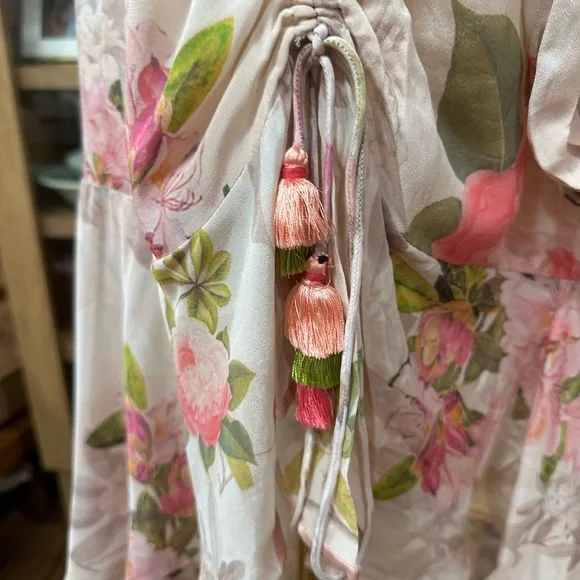 Rococo Sand 100% silk Floral Pink and Cream Dress size Large $686 BNWT